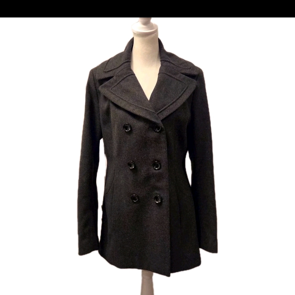 Double Breasted Wool Blend Dark Grey Pea Coat Womens Vintage Y2K Size M
